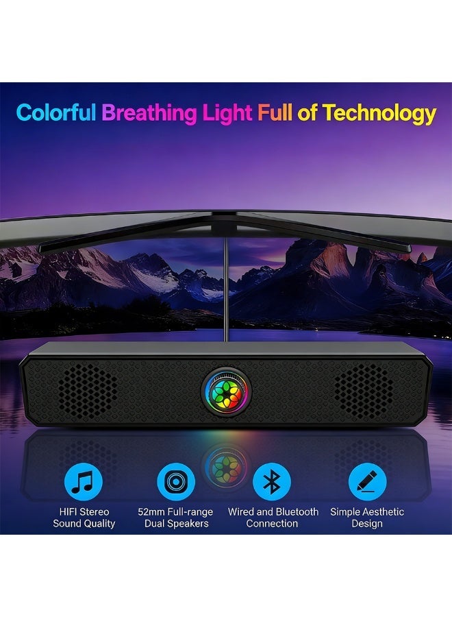 FDTY  مكبر صوت بلوتوث USB مزدوج الاتصال أسود مع مقبض تحكم في مستوى الصوت بإضاءة خلفية RGB HiFi ستيريو يعمل بالطاقة عبر USB للكمبيوتر الشخصي والتلفزيون والكمبيوتر المحمول وجهاز Mac اللوحي - Image 1